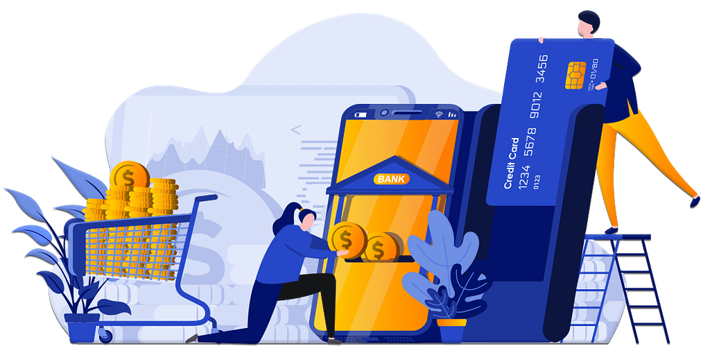 image d'un homme sur une echelle entrant une carte de credit dnas un boitier. En bas une femme deposant des pieces dans le compte en banque de son smartphone