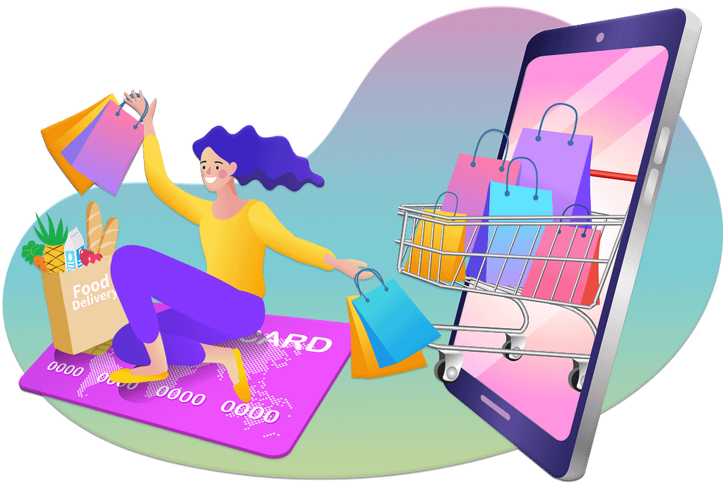 une femme assise sur sa carte bancaire venant de faire des achats, les bras pleins de sacs et un cadis remplis sortant de son smartphone