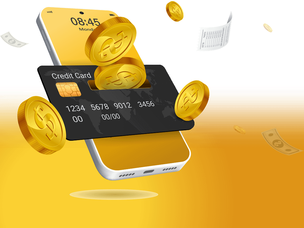 un smartphone avec dessus une carte bancaire noire avec une fente pour mettre des pièces de monnaie