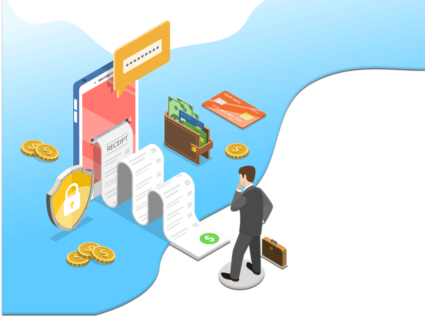 ticket de caisse qui sort d'une tablette avec un homme devant entrain de faire le point, et de payer de manière sécurisé avec mot de passe, des pièces d'argent cartes de cradit sur le coter