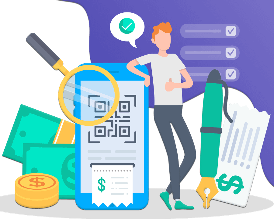 homme accoudé sur son smartphone qui scanne un QR code et en sort un ticket de caisse