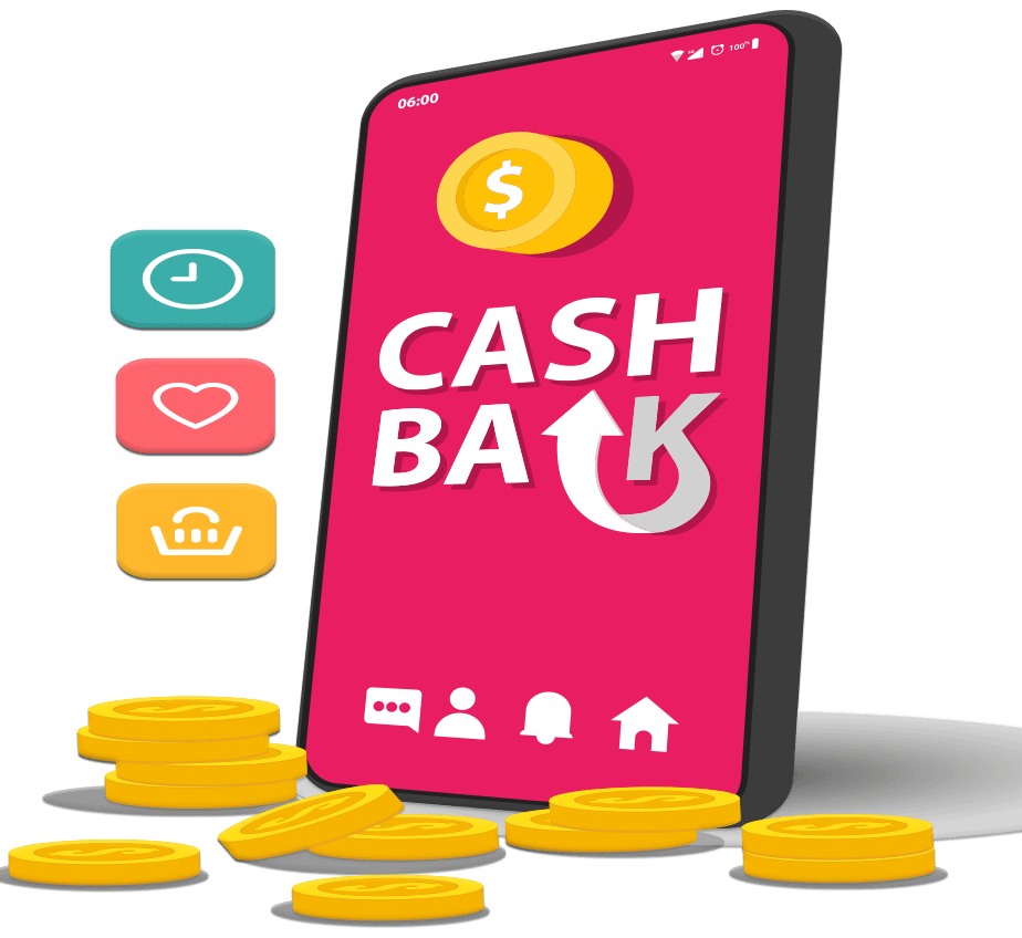 smartphone sur l'écran écrit cash back des pièces posées devant