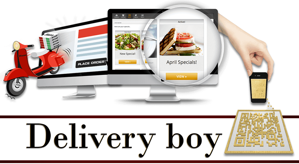 titre Delivery Boy : un scooter sortant d'un écran pour livrer la commande visible sur l'autre écran d'ordinateur d'où sort une main qui tient un téléphone qui scanne un QR code