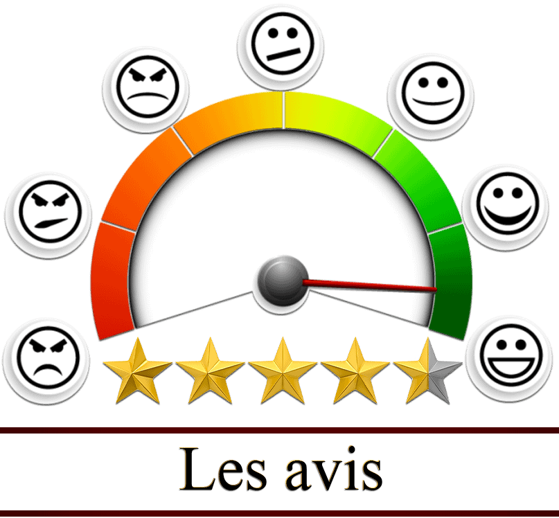 titre Avis une jauge avec des emojis de la tête fâché à heureuse et des étoiles dorées devant