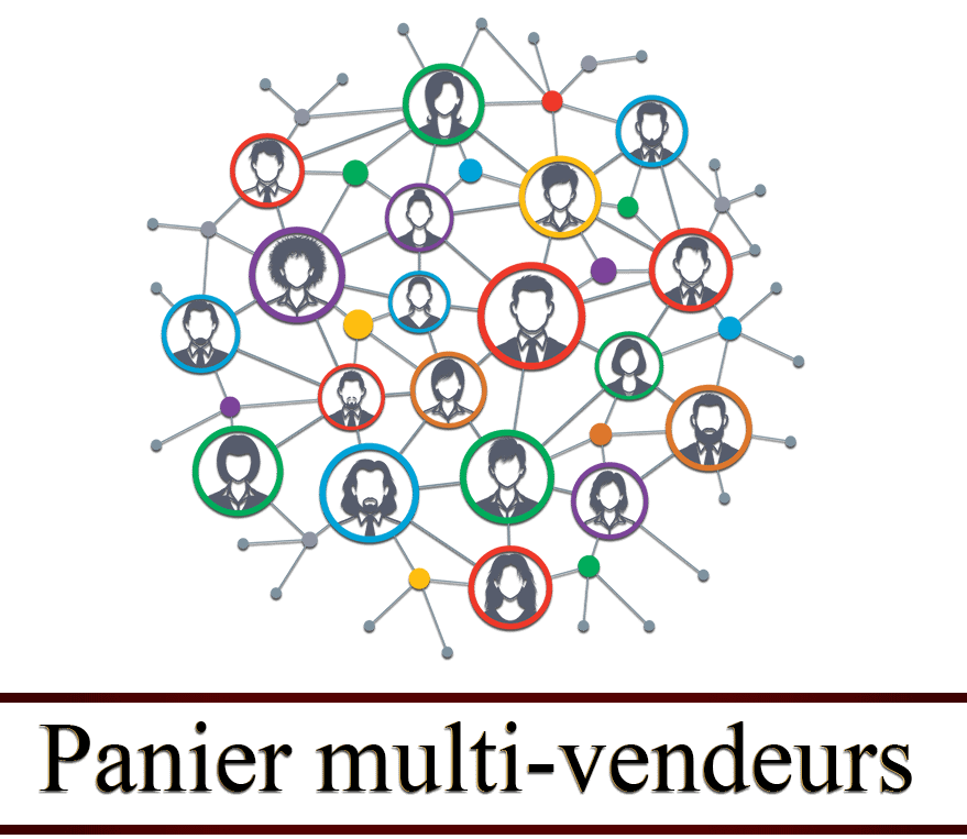 titre Panier multi vendeurs : plusieurs images de profils reliées en réseaux