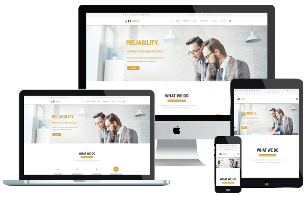 ordinateur , ordinateur portable, tablette, et téléphone avec la même image sur l'écran : 2 hommes en costume travaillant sur un bureau